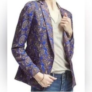 Banana Republic Linen Blend Blazer Womens 2 Blue Paisley Single Button Boho